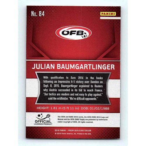 2016 Panini Panini Uefa Euro Prizm Base #84 Julian Baumgartlinger