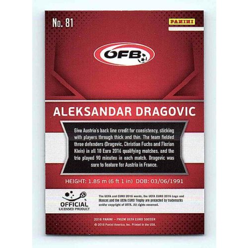 2016 Panini Panini Uefa Euro Prizm Base #81 Aleksandar Dragovic