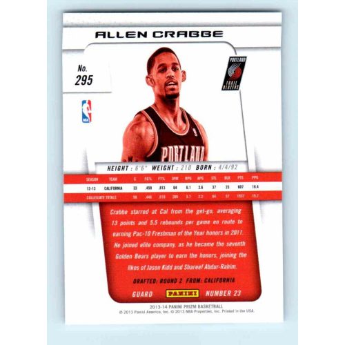 2013-14 Panini Prizm Base #295 Allen Crabbe RC