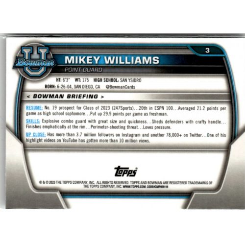 2022-23 Bowman Chrome University  #3 Mikey Williams