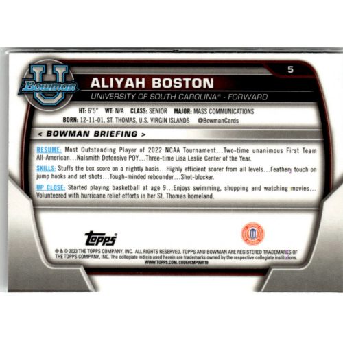 2022-23 Bowman Chrome University  #5 Aliyah Boston