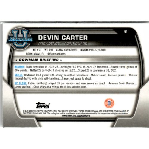 2022-23 Bowman Chrome University  #6 Devin Carter