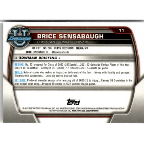 2022-23 Bowman Chrome University  #11 Brice Sensabaugh