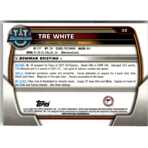 2022-23 Bowman Chrome University  #32 Tre White