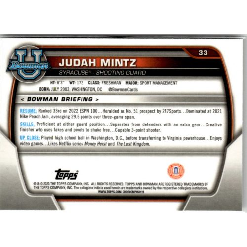 2022-23 Bowman Chrome University  #33 Judah Mintz