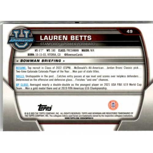 2022-23 Bowman Chrome University  #49 Lauren Betts