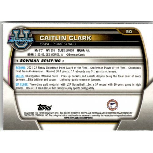 2022-23 Bowman Chrome University  #50 Caitlin Clark