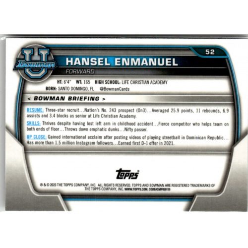 2022-23 Bowman Chrome University  #52 Hansel Enmanuel