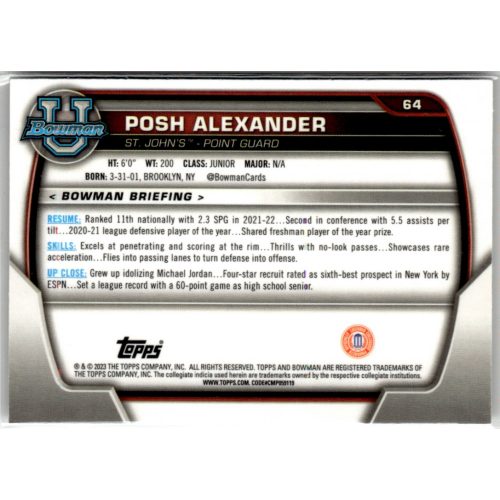 2022-23 Bowman Chrome University  #64 Posh Alexander