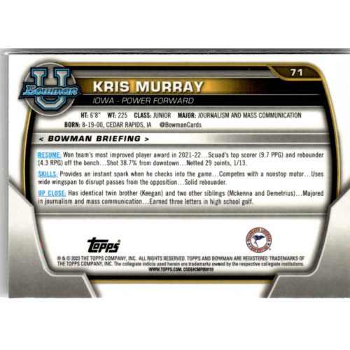 2022-23 Bowman Chrome University  #71 Kris Murray