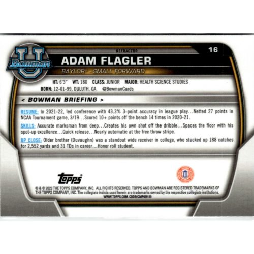 2022-23 Bowman Chrome University Refractors #16 Adam Flagler