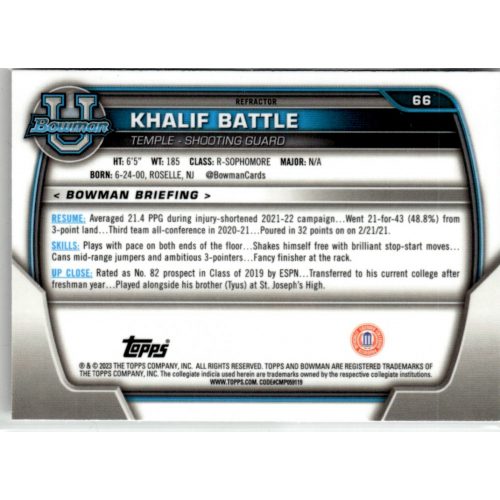 2022-23 Bowman Chrome University Refractors #66 Khalif Battle