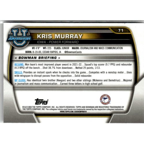 2022-23 Bowman Chrome University Shimmer Refractors #71 Kris Murray