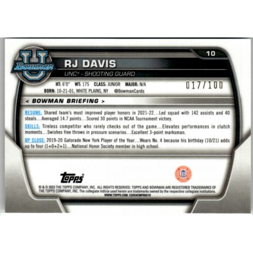 2022-23 Bowman Chrome University RayWave Refractors #10 RJ Davis 017/100