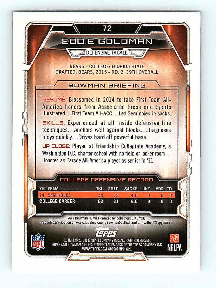 2015 Bowman Football RC #72 Eddie Goldman